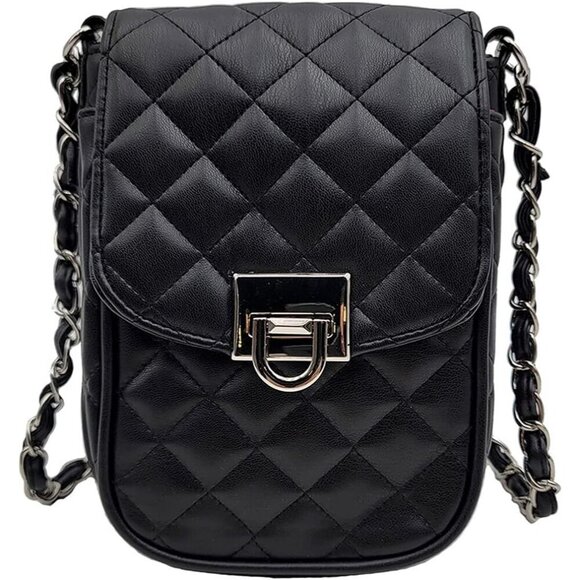 ⭐Women Small Vegan Black & Silver Leather Mini Shoulder Wallet Card Quilted - Picture 1 of 5